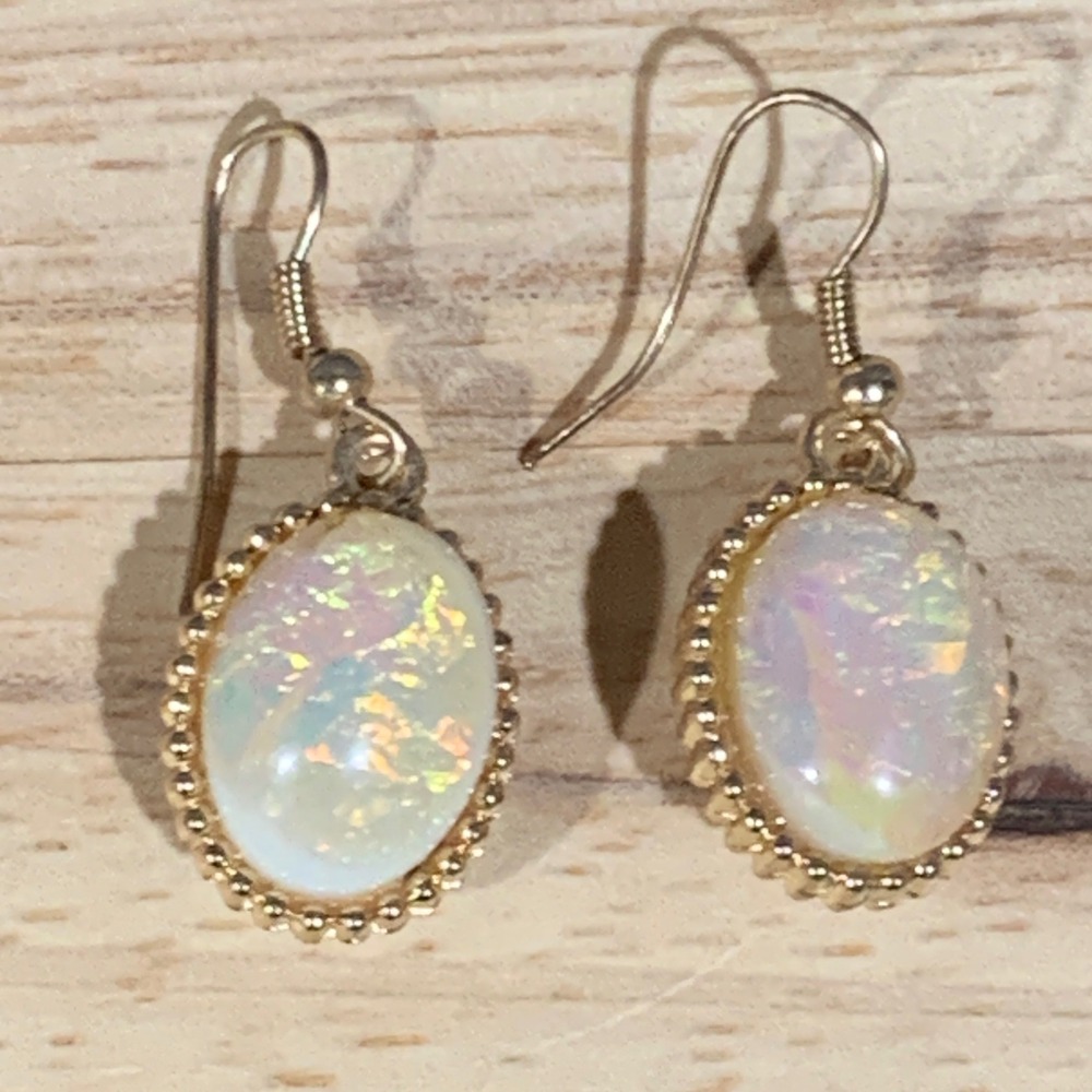 Faux Opal Double Domed Earrings Women Gold Tone Oval Dangle Drop Iridescent